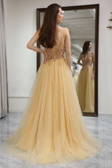 Golden Tulle A Line Corset Prom Dress with Beading
